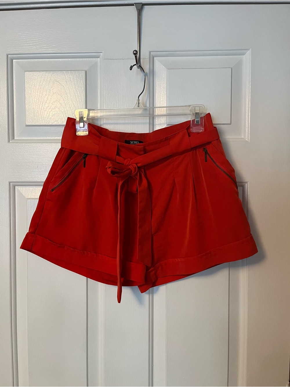 Women Bright Orange Dress Shorts Sz M 4 Side Pockets 2 w/ Zipper Detail Tie XOXO
